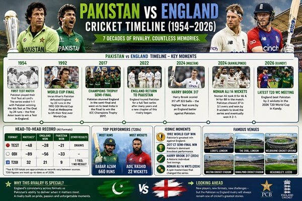 Pakistan National Cricket Team vs England Cricket Team Timeline